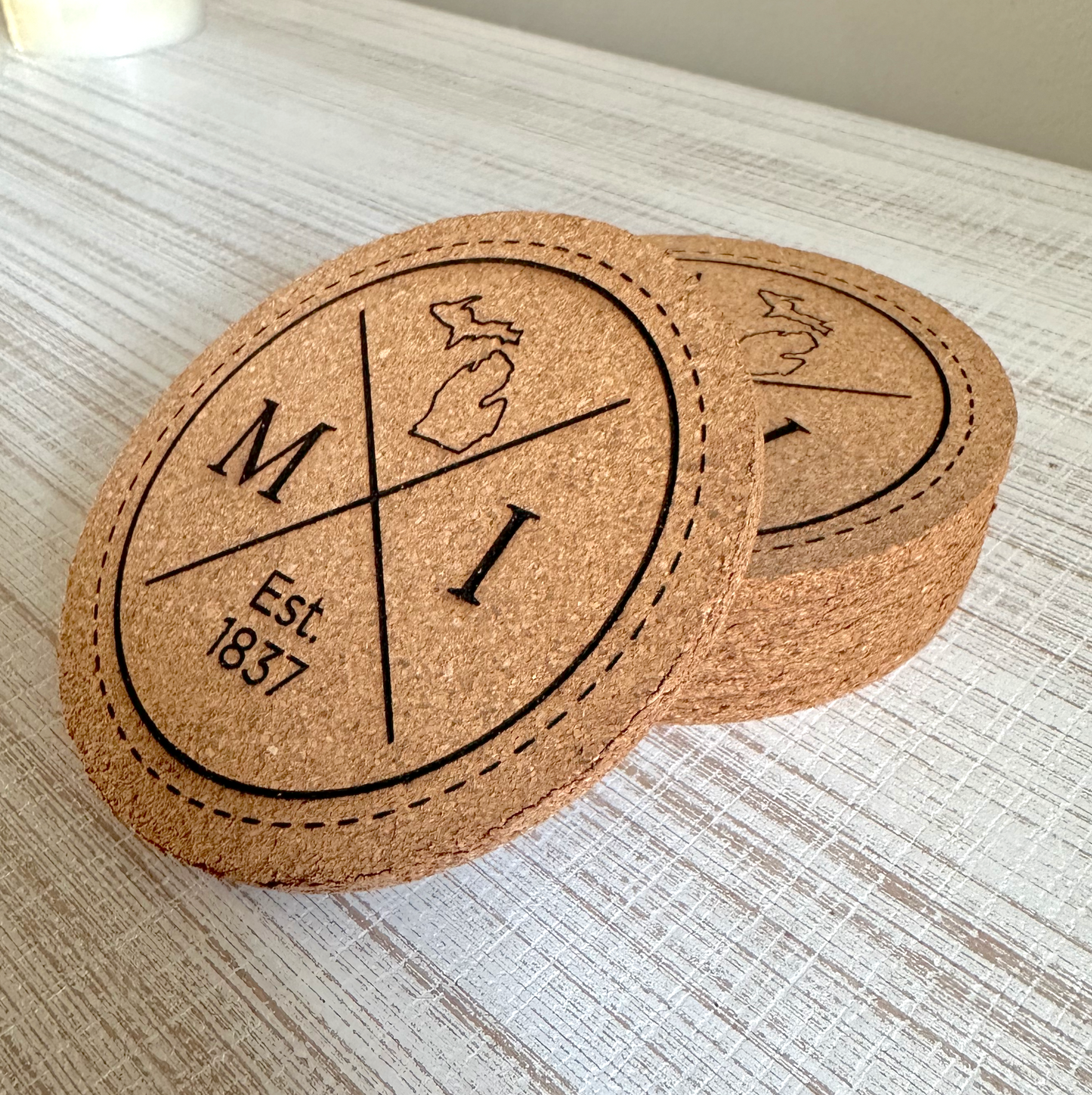 Laser Engraved Michigan Circle Cork Coaster Set