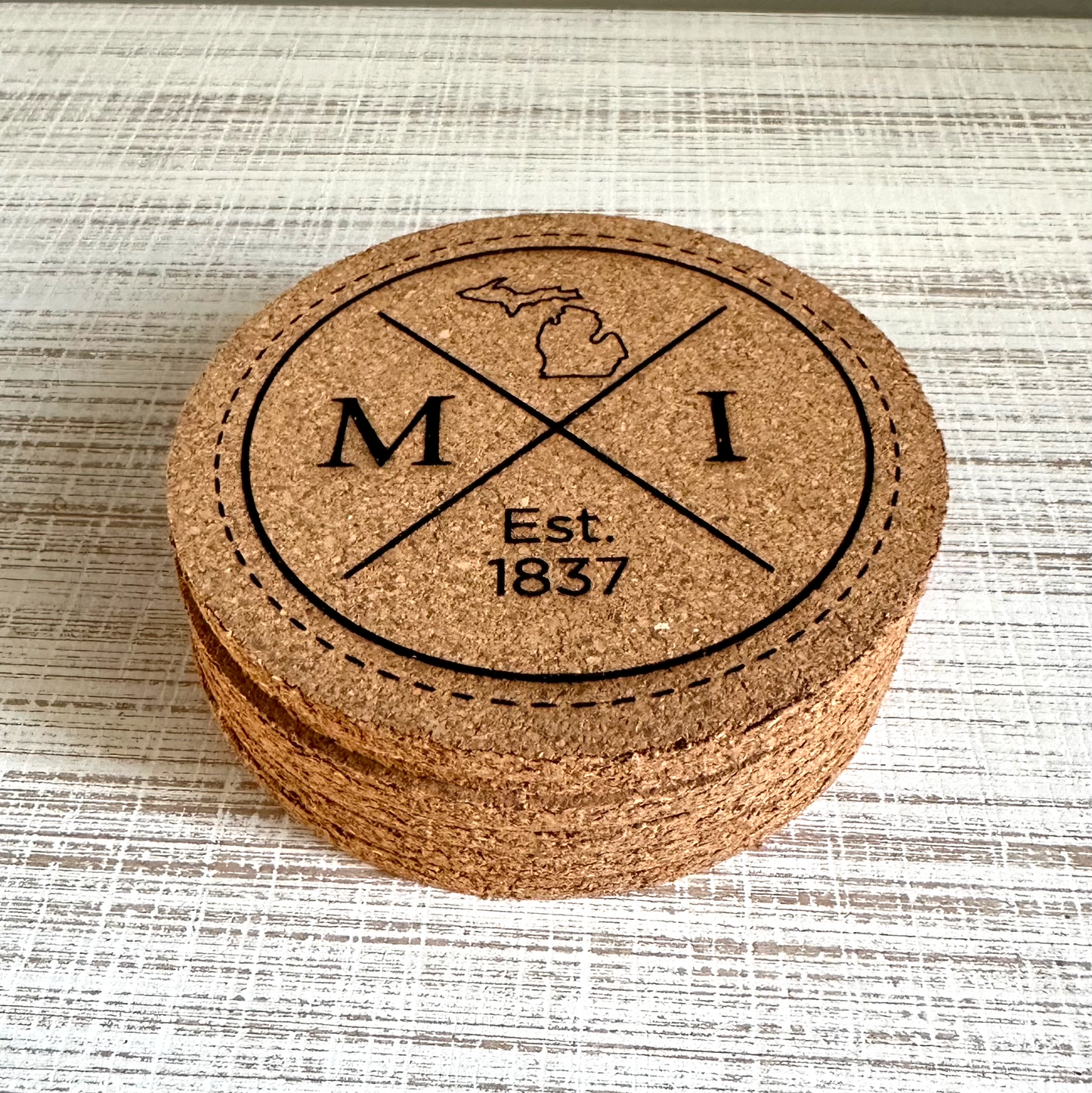 Laser Engraved Michigan Circle Cork Coaster Set