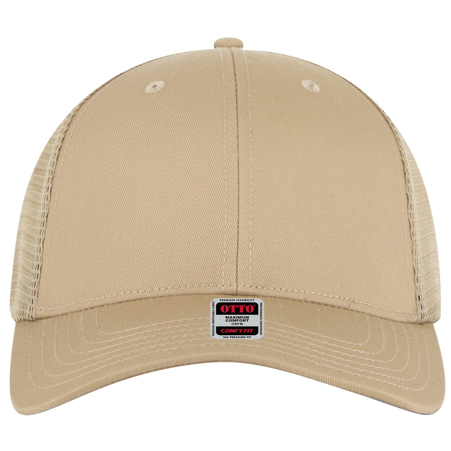 6-Panel Low Profile Trucker Hat — Stretch Comfort Fit — Custom Leather Patch in Khaki