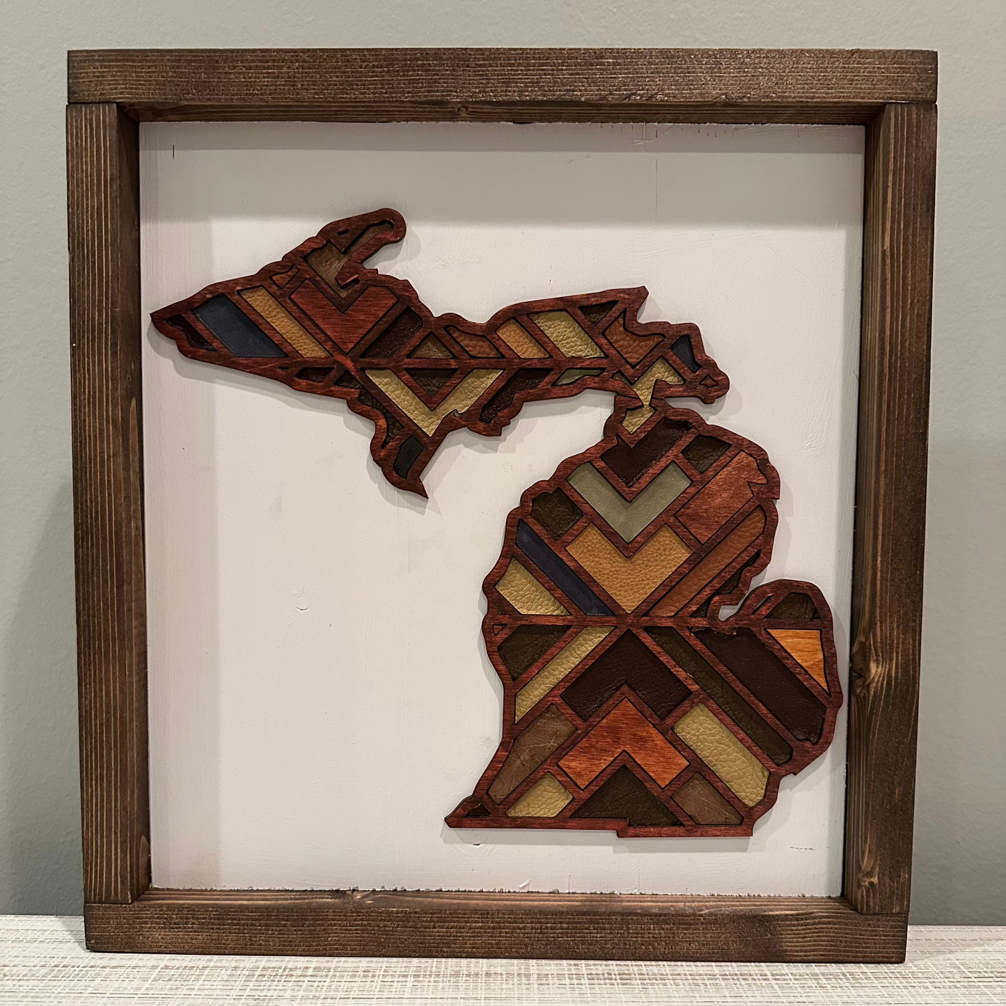 Leather and Wood Mosaic Michigan Wood Sign