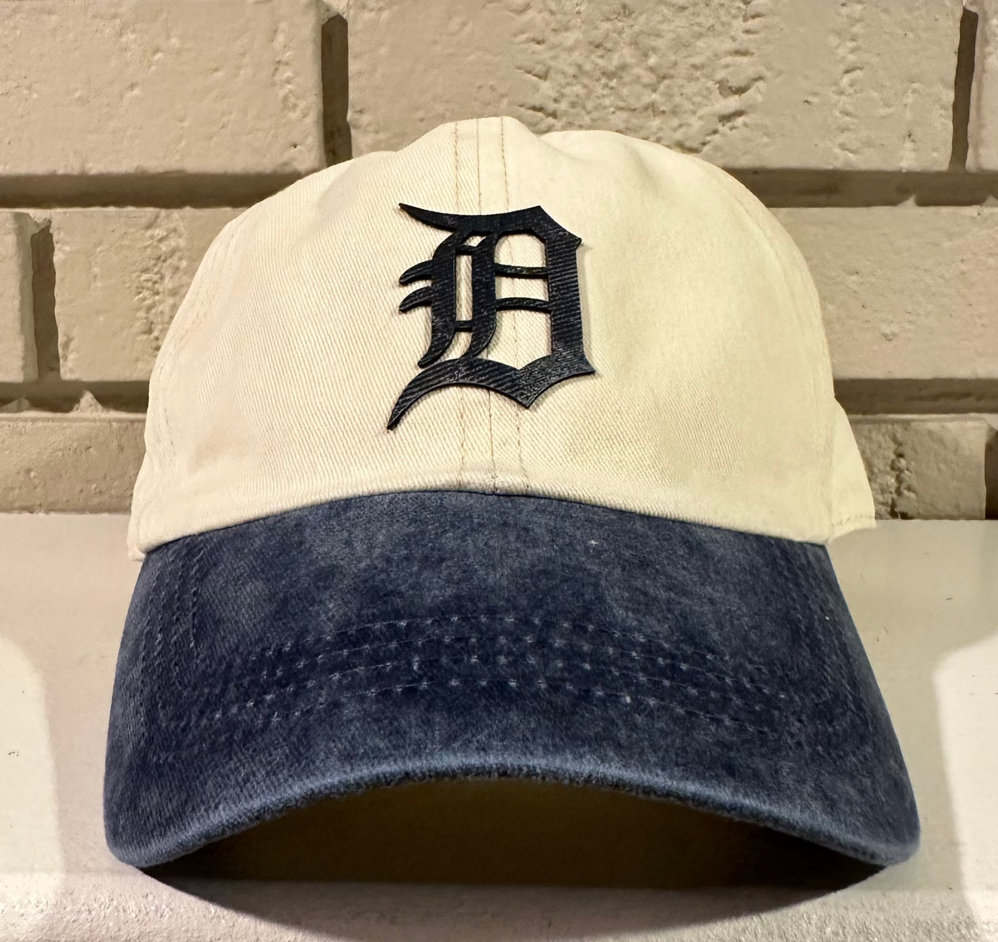 Denim and Beige Old English D Patch Dad Hat