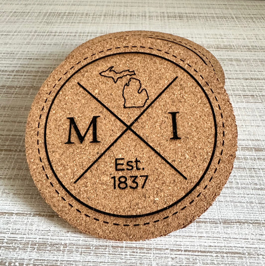 Laser Engraved Michigan Circle Cork Coaster Set