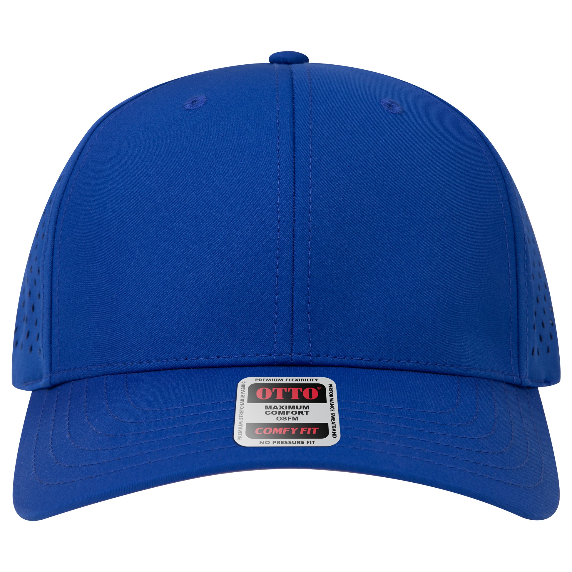 6-Panel Mid Profile Baseball Cap w/ Perforated — Stretch Comfort Fit — Custom Leather Patch in Royal