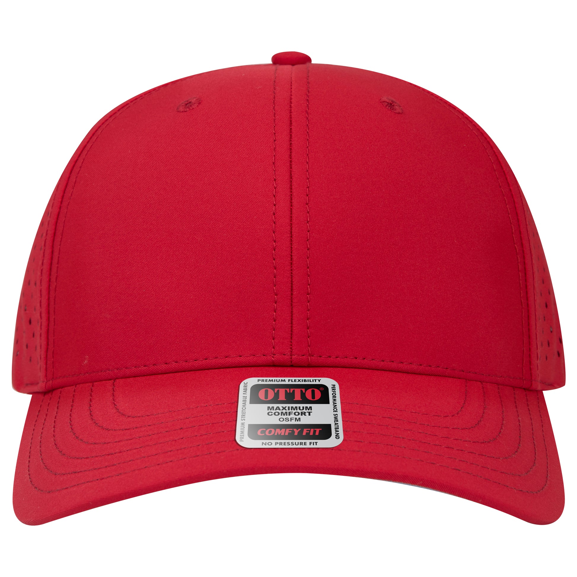 6-Panel Mid Profile Baseball Cap w/ Perforated — Stretch Comfort Fit — Custom Leather Patch in Red