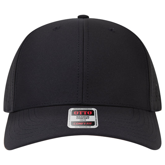 6-Panel Mid Profile Baseball Cap w/ Perforated — Stretch Comfort Fit — Custom Leather Patch in Black