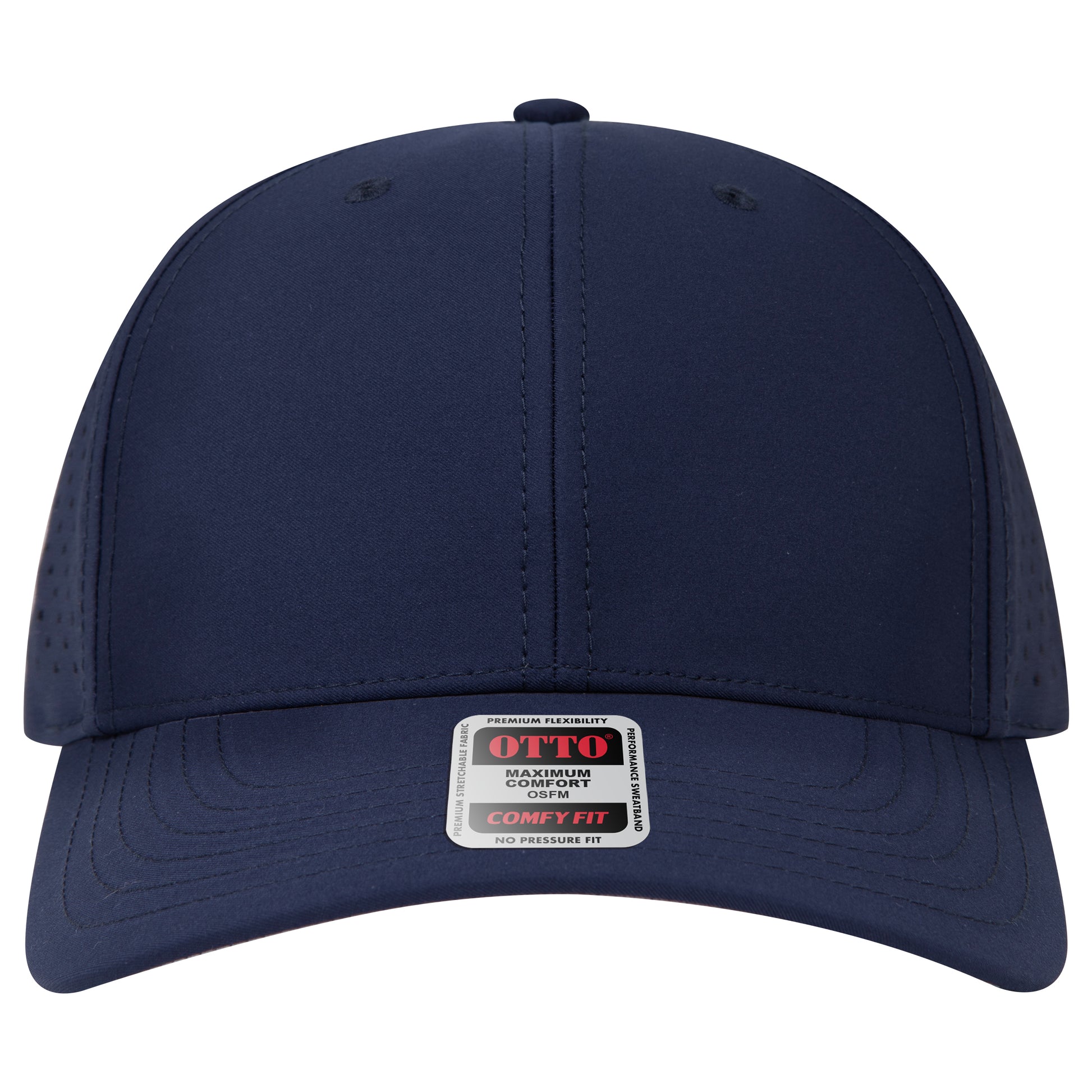 6-Panel Mid Profile Baseball Cap w/ Perforated — Stretch Comfort Fit — Custom Leather Patch in Navy