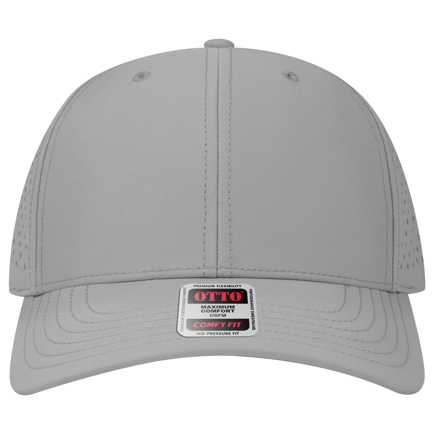 6-Panel Mid Profile Baseball Cap w/ Perforated — Stretch Comfort Fit — Custom Leather Patch in Gray