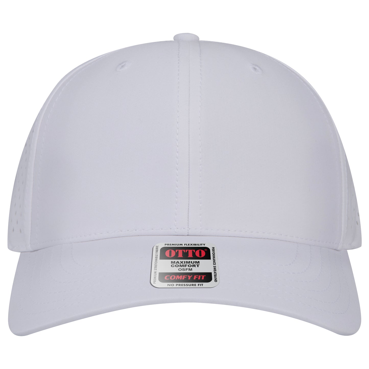 6-Panel Mid Profile Baseball Cap w/ Perforated — Stretch Comfort Fit — Custom Leather Patch in White