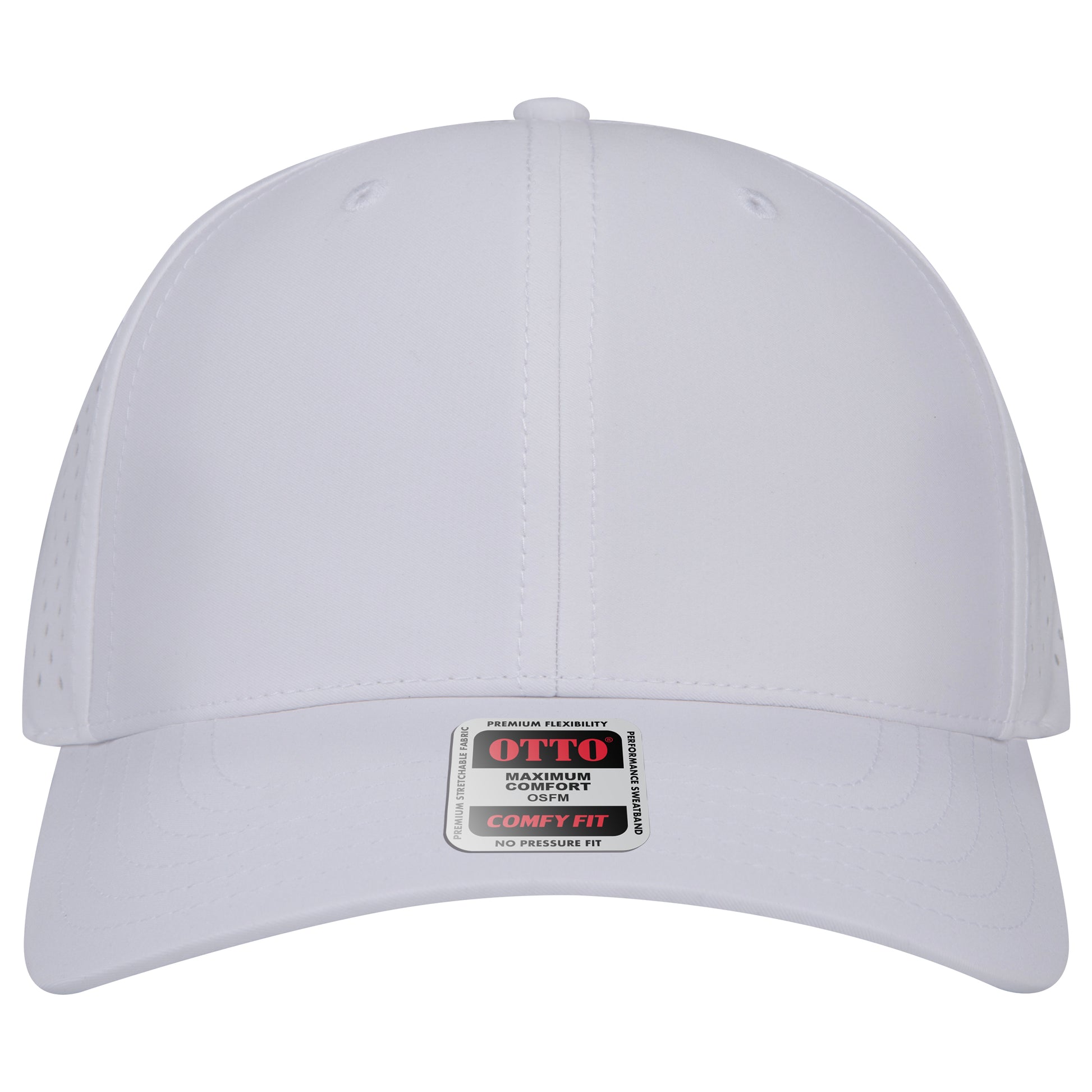 6-Panel Mid Profile Baseball Cap w/ Perforated — Stretch Comfort Fit — Custom Leather Patch in White