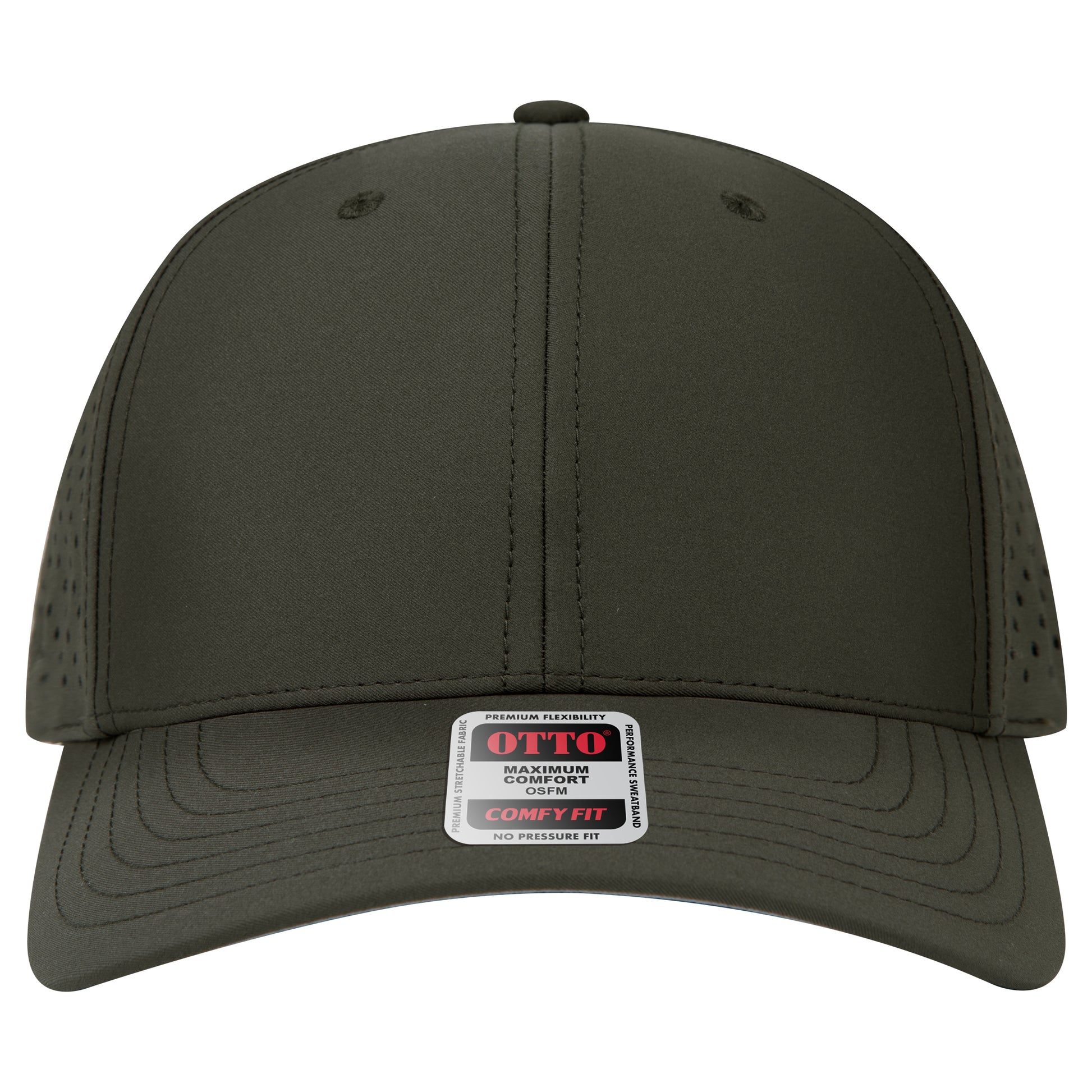 6-Panel Mid Profile Baseball Cap w/ Perforated — Stretch Comfort Fit — Custom Leather Patch in Ol. Gree