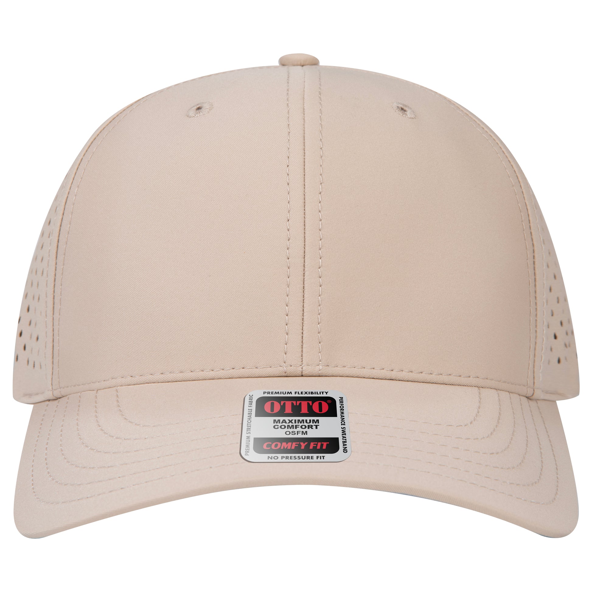 6-Panel Mid Profile Baseball Cap w/ Perforated — Stretch Comfort Fit — Custom Leather Patch in Khaki