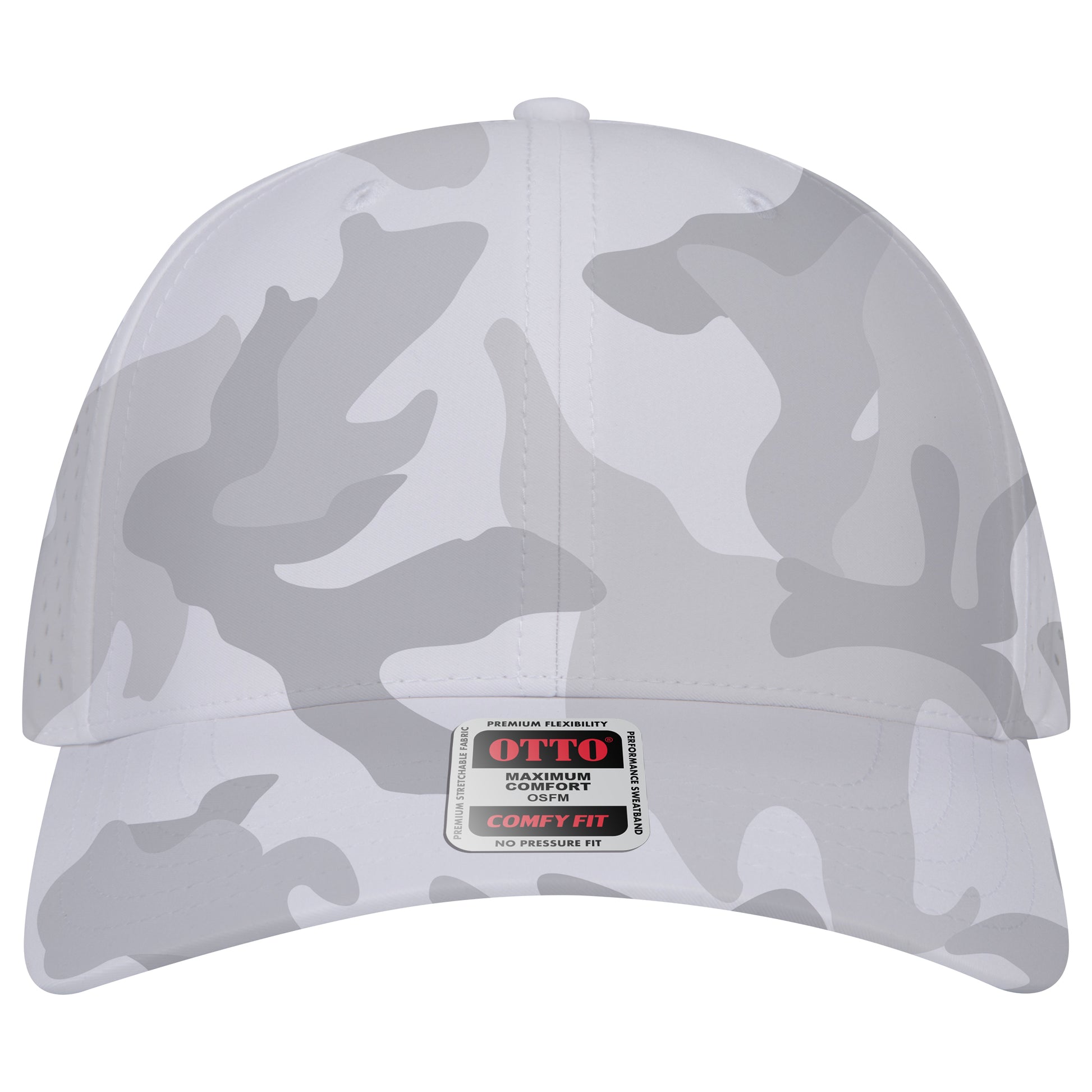 6-Panel Mid Profile Baseball Cap w/ Perforated — Stretch Comfort Fit — Custom Leather Patch in Wht/Gr /Brn y