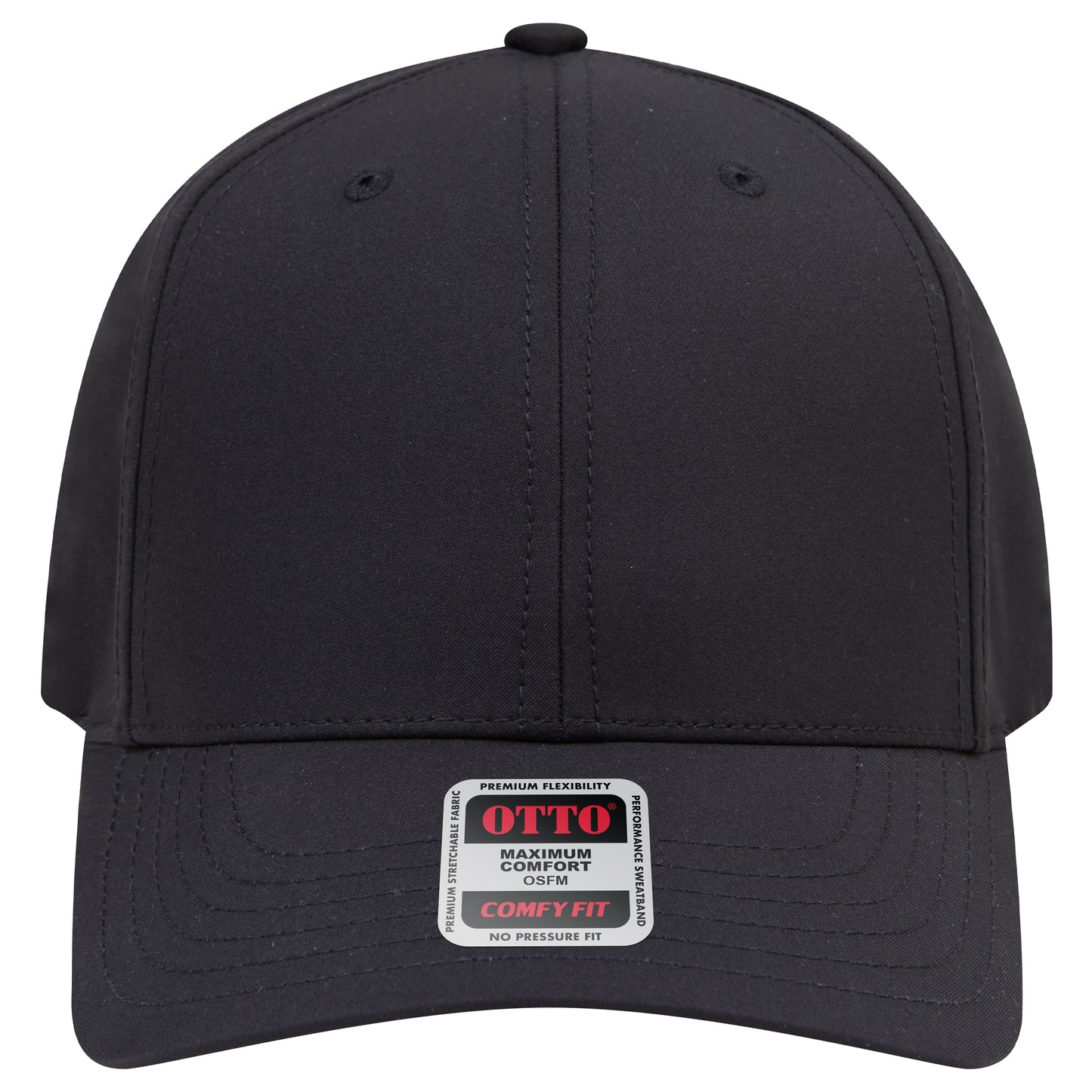 6-Panel Mid Profile Baseball Cap — Stretch Comfort Fit — Custom Leather Patch in Black