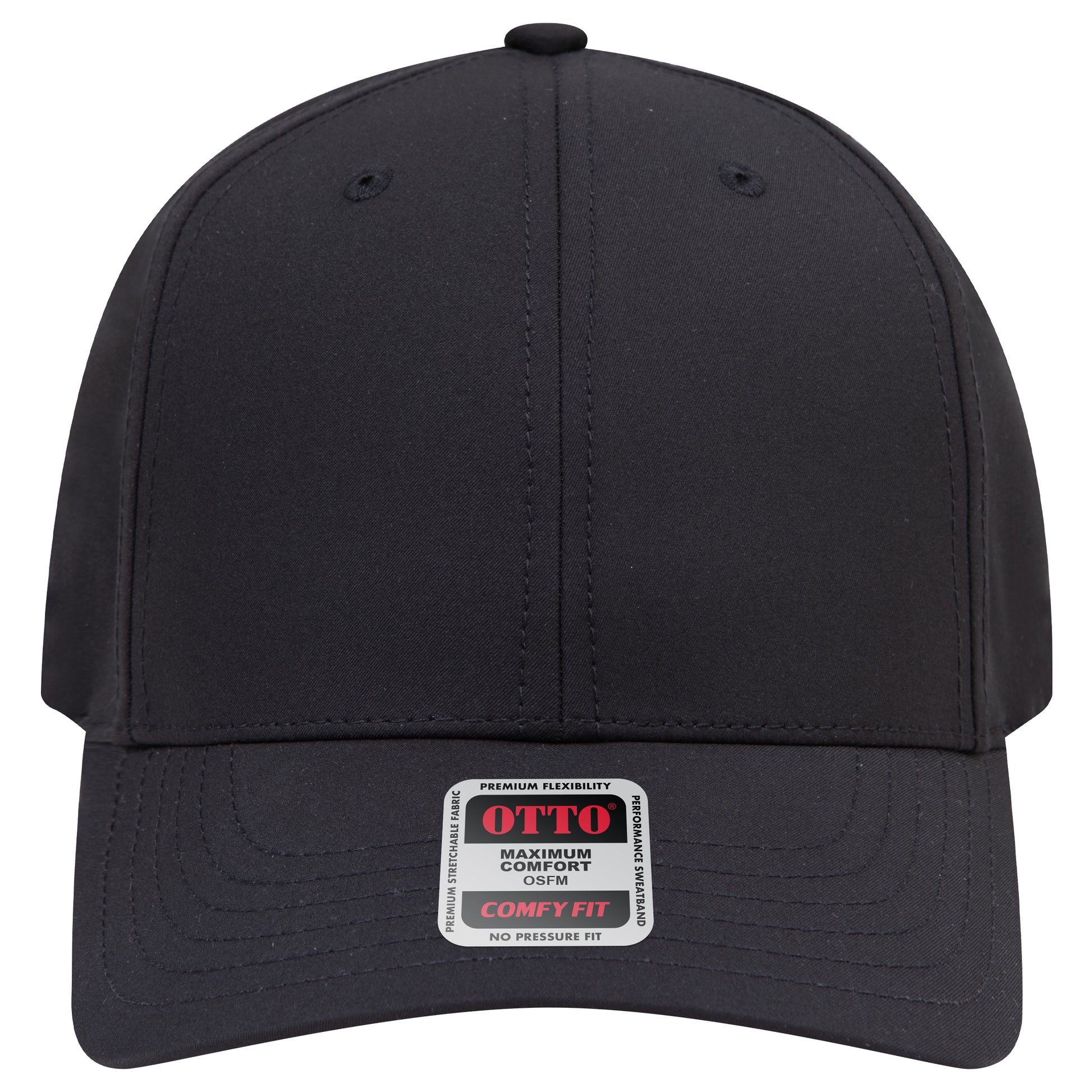 6-Panel Mid Profile Baseball Cap — Stretch Comfort Fit — Custom Leather Patch in Black