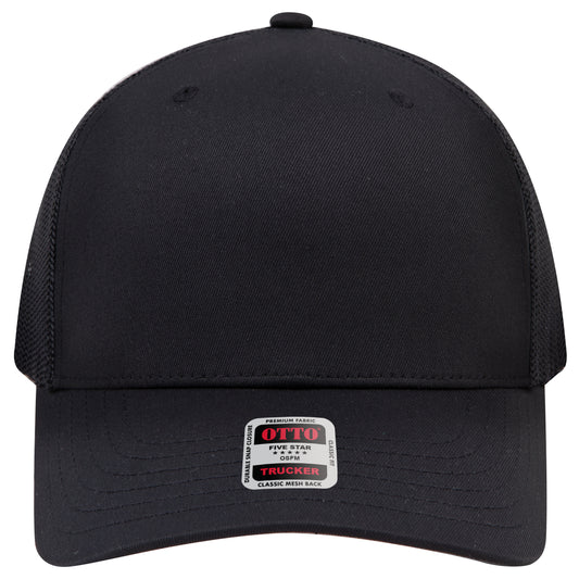 6-Panel Mid Profile Trucker Hat w/ Seamless — Custom Leather Patch in Black