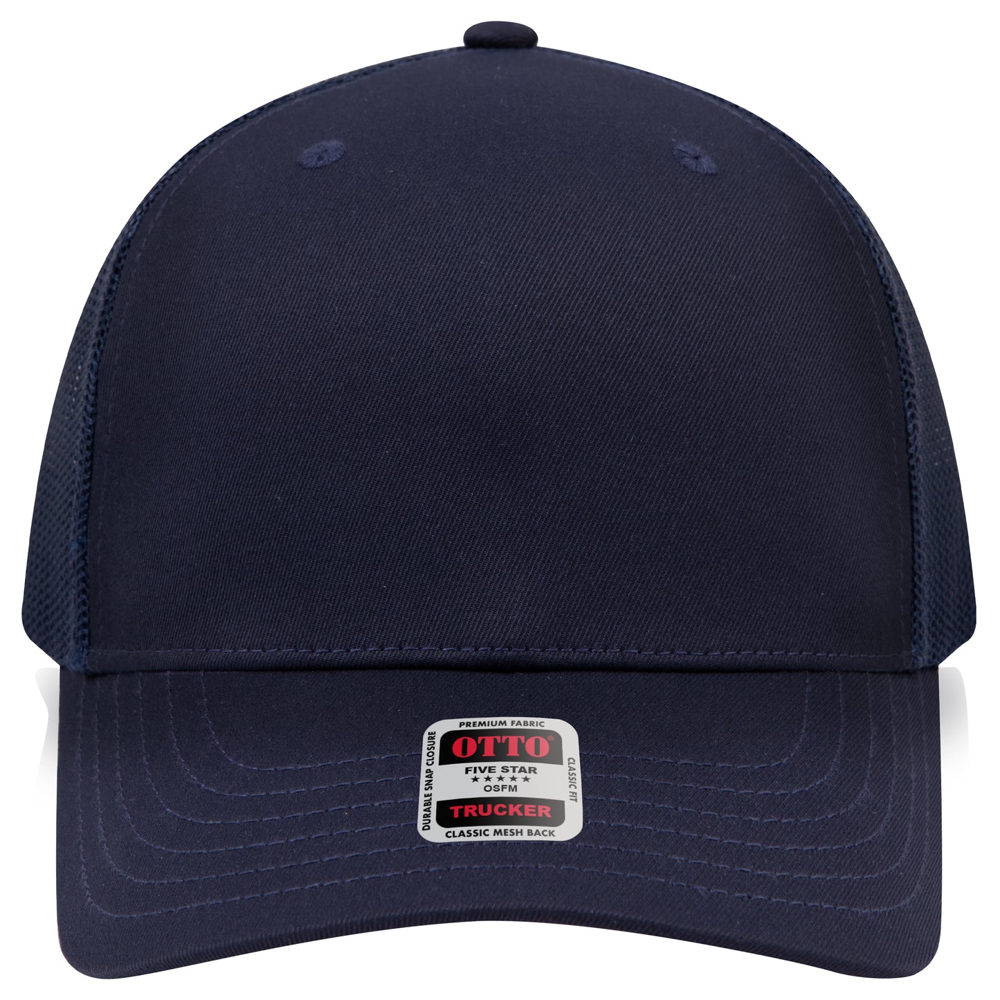 6-Panel Mid Profile Trucker Hat w/ Seamless — Custom Leather Patch in Navy