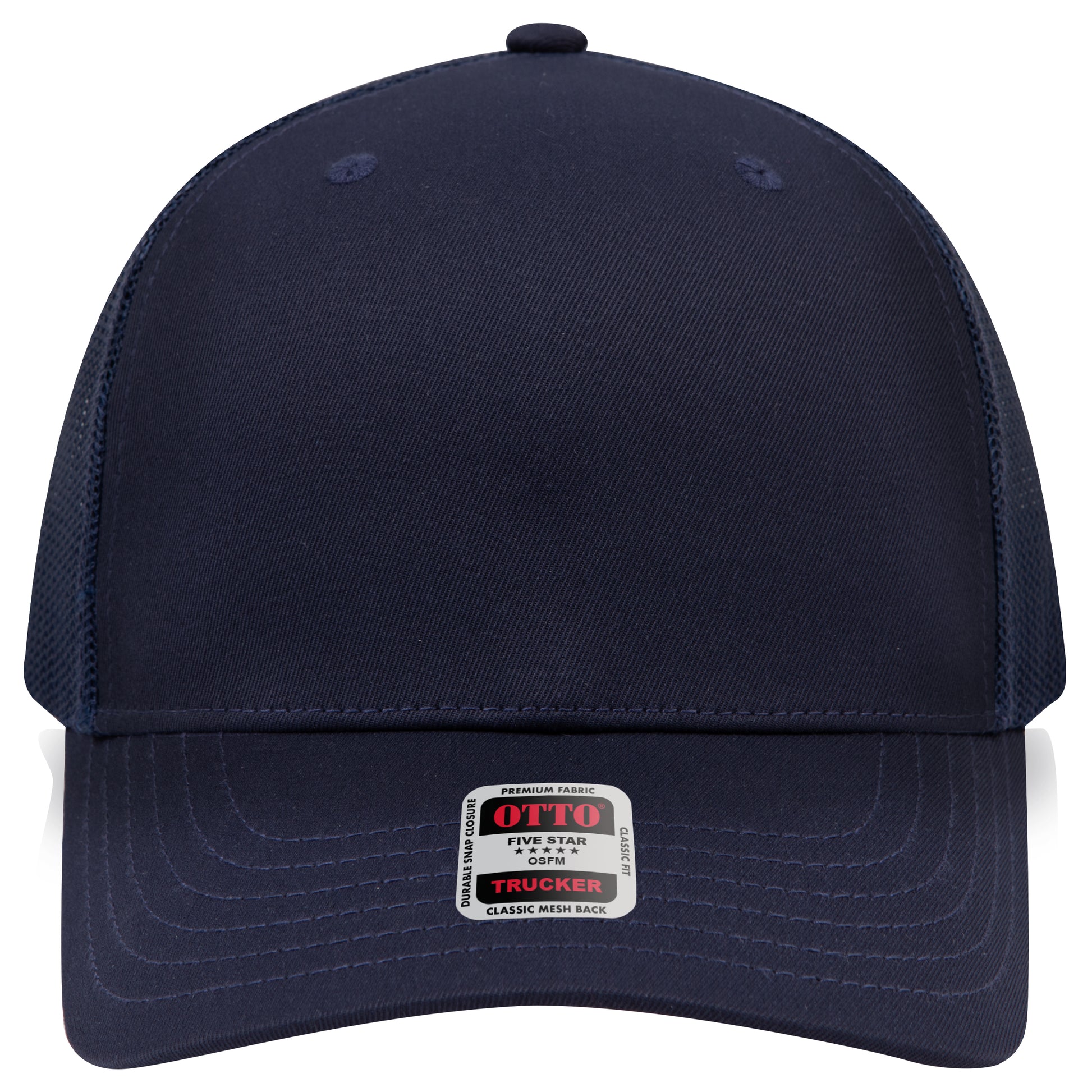 6-Panel Mid Profile Trucker Hat w/ Seamless — Custom Leather Patch in Navy