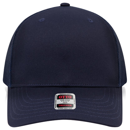 6-Panel Mid Profile Trucker Hat w/ Seamless — Custom Leather Patch in Navy