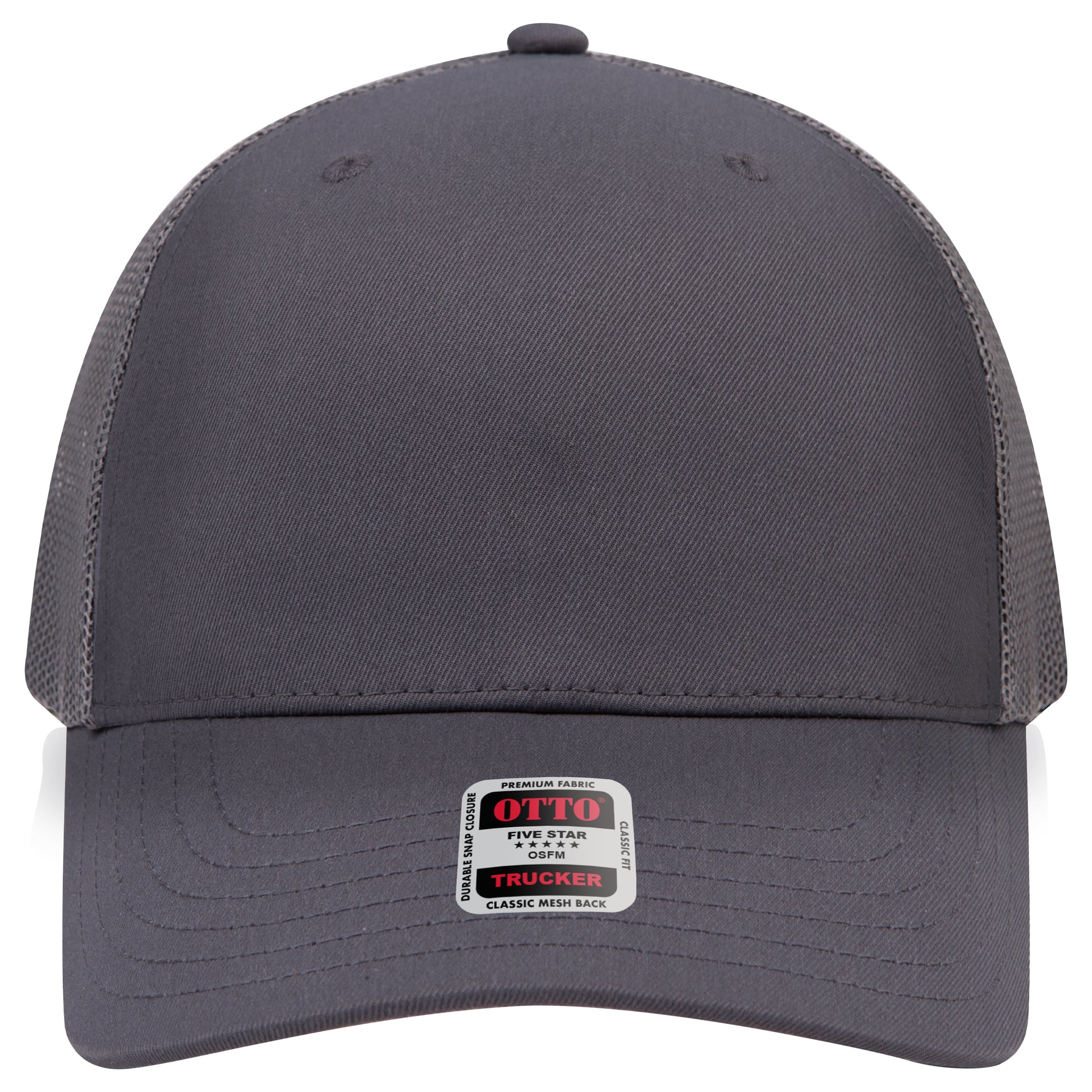 6-Panel Mid Profile Trucker Hat w/ Seamless — Custom Leather Patch in Char. Gr