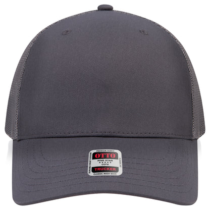 6-Panel Mid Profile Trucker Hat w/ Seamless — Custom Leather Patch in Char. Gr