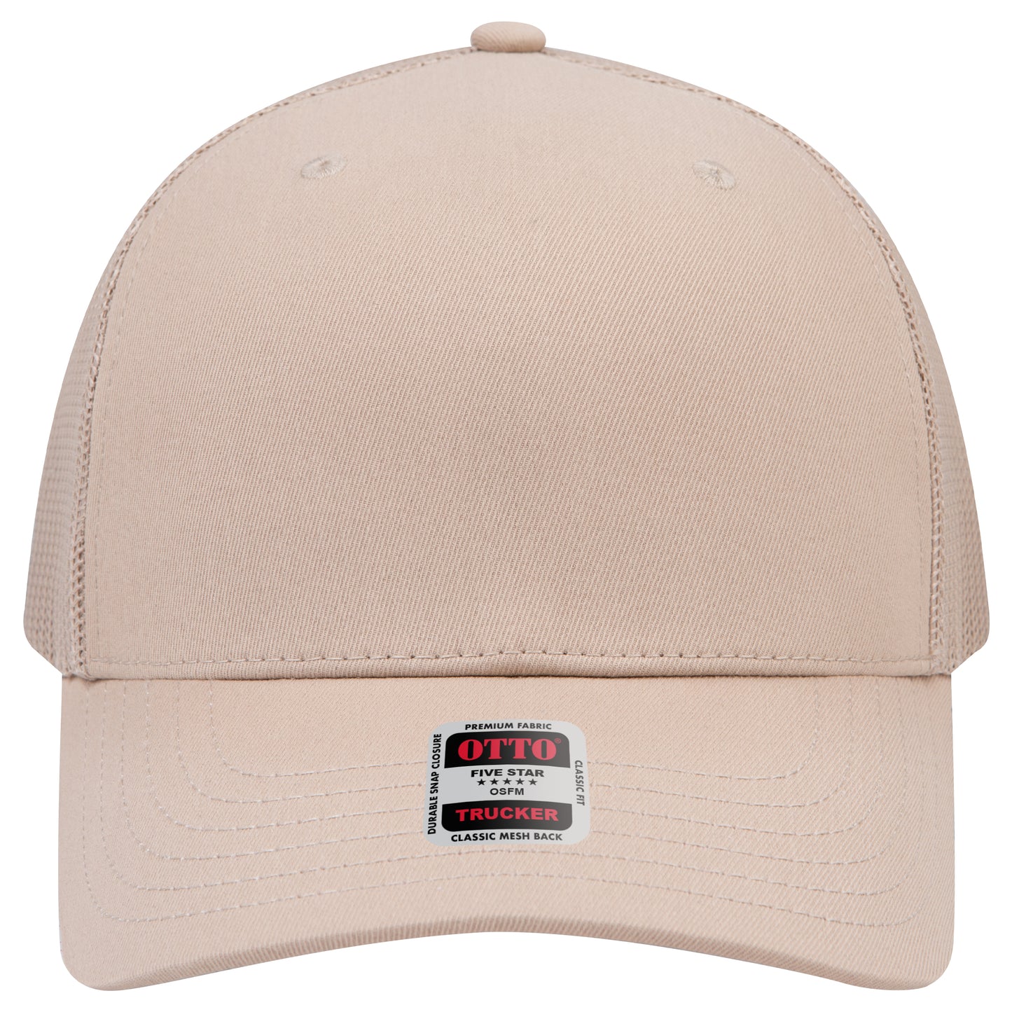 6-Panel Mid Profile Trucker Hat w/ Seamless — Custom Leather Patch in Khaki