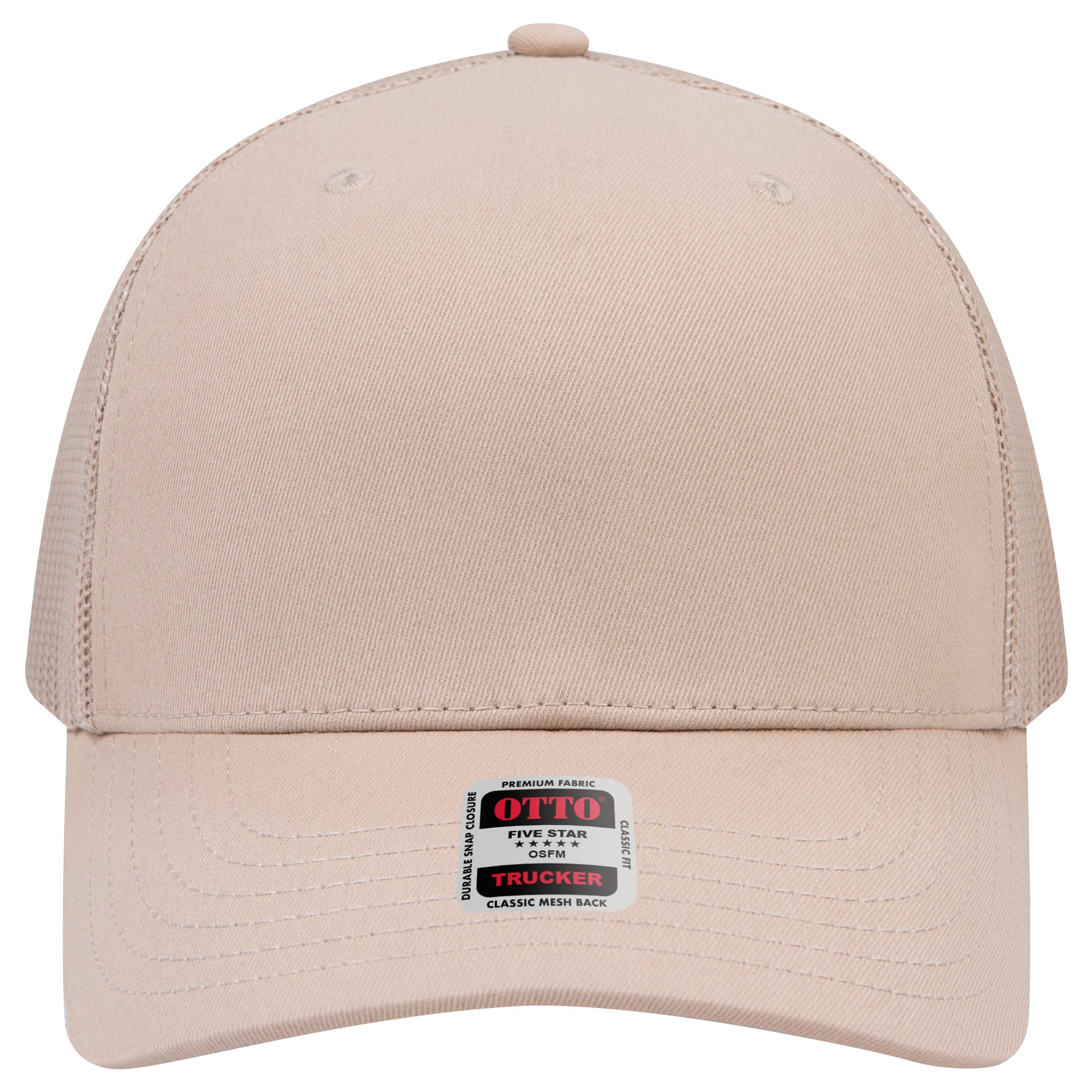 6-Panel Mid Profile Trucker Hat w/ Seamless — Custom Leather Patch in Khaki
