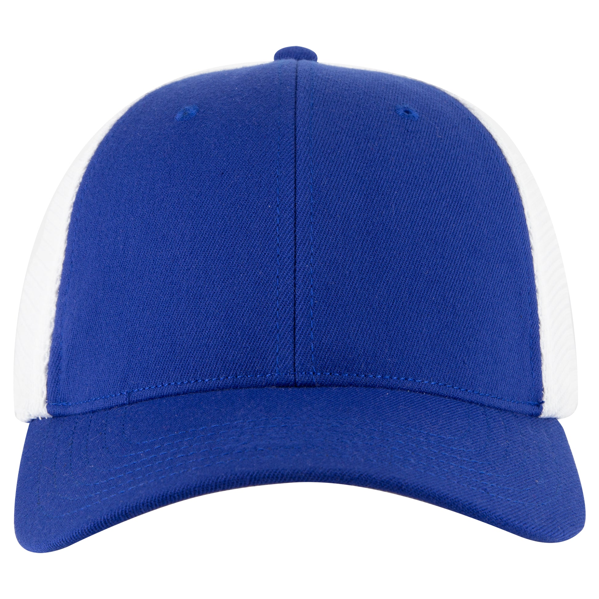 6-Panel Low Profile Trucker Hat — Flex Fit — Custom Leather Patch in Ryl/Wh