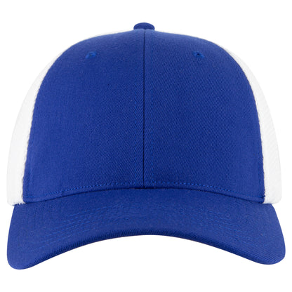 6-Panel Low Profile Trucker Hat — Flex Fit — Custom Leather Patch in Ryl/Wh