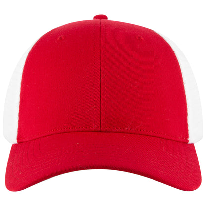 6-Panel Low Profile Trucker Hat — Flex Fit — Custom Leather Patch in Red/W