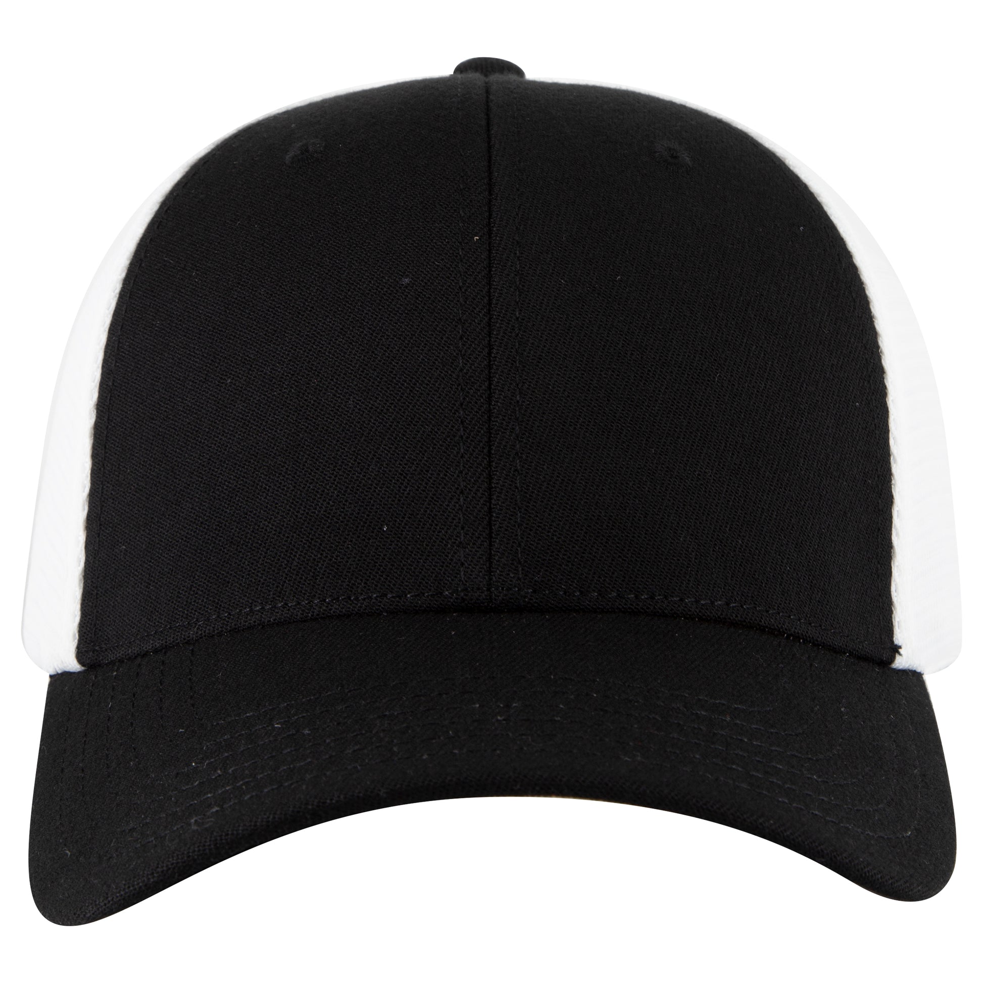 6-Panel Low Profile Trucker Hat — Flex Fit — Custom Leather Patch in Blk/Wh