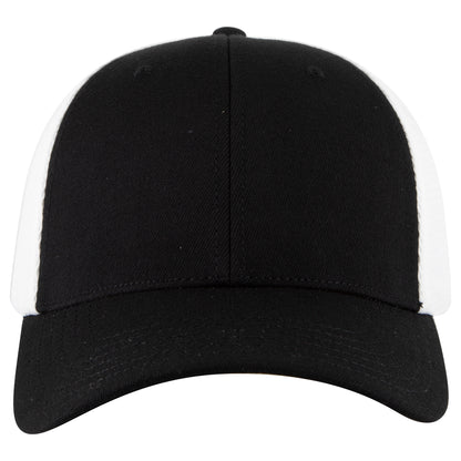6-Panel Low Profile Trucker Hat — Flex Fit — Custom Leather Patch in Blk/Wh