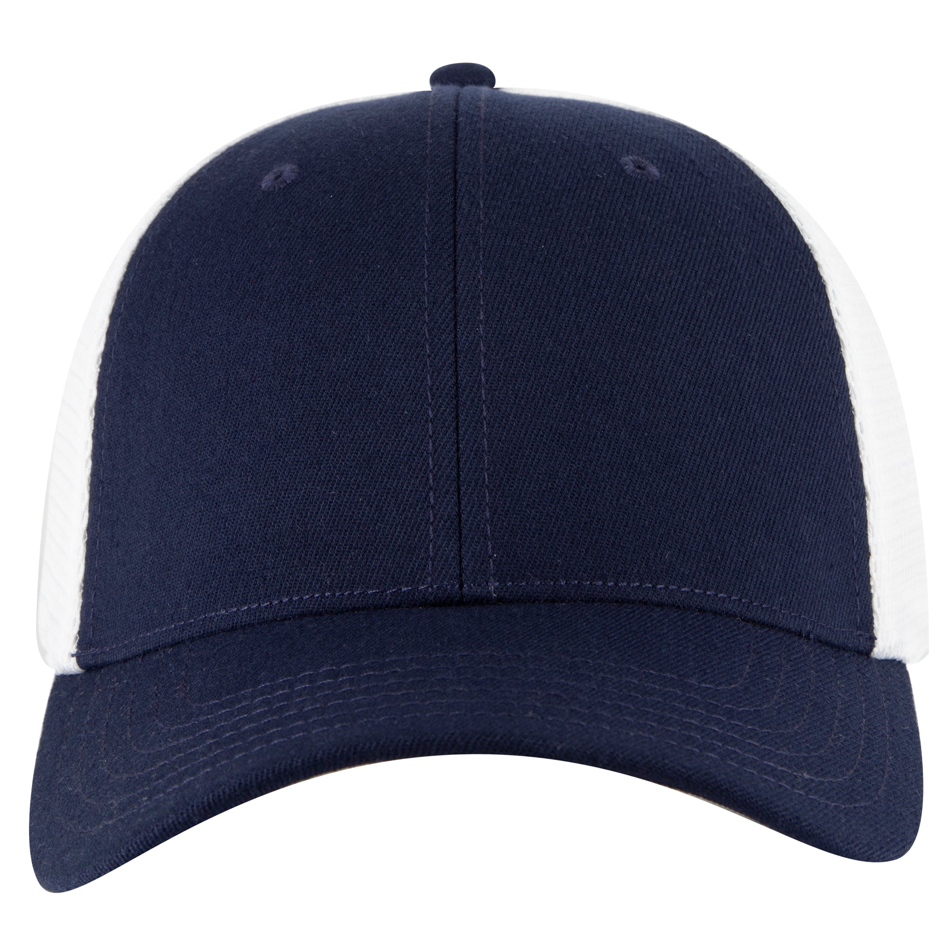 6-Panel Low Profile Trucker Hat — Flex Fit — Custom Leather Patch in Nvy/W