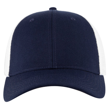 6-Panel Low Profile Trucker Hat — Flex Fit — Custom Leather Patch in Nvy/W