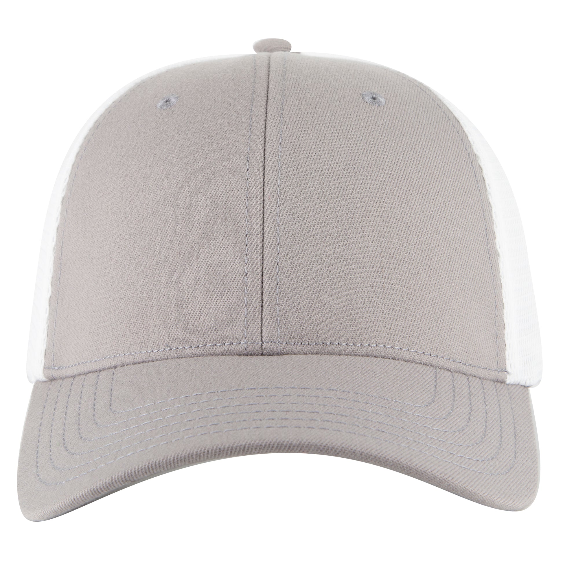 6-Panel Low Profile Trucker Hat — Flex Fit — Custom Leather Patch in Gry/W
