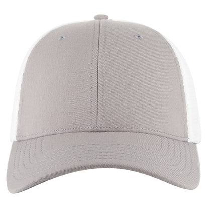 6-Panel Low Profile Trucker Hat — Flex Fit — Custom Leather Patch in Gry/W