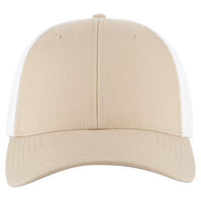 6-Panel Low Profile Trucker Hat — Flex Fit — Custom Leather Patch in Kha/W t ht t ht ht /Wht ht