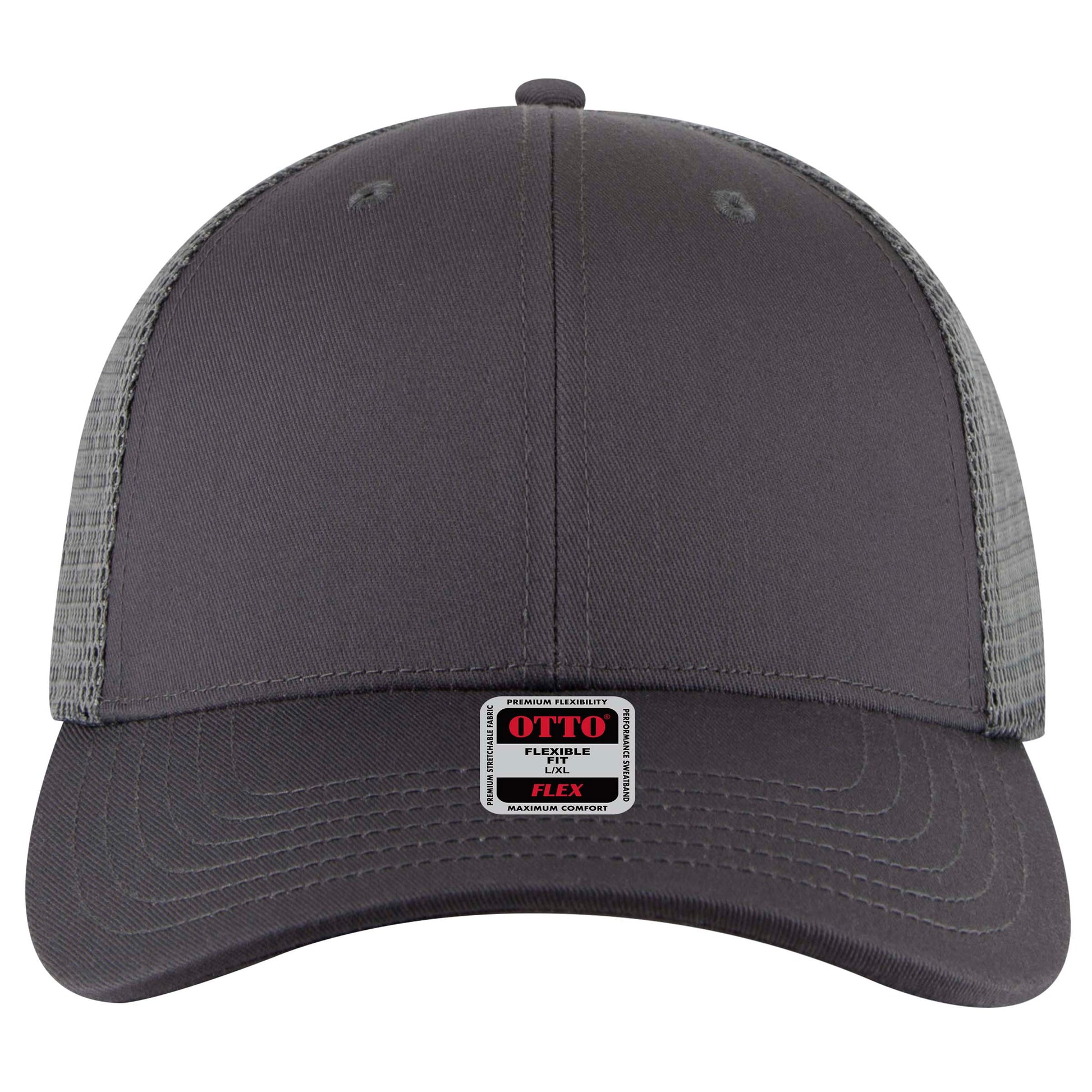 6-Panel Low Profile Trucker Hat — Flex Fit — Custom Leather Patch in Char. Gr