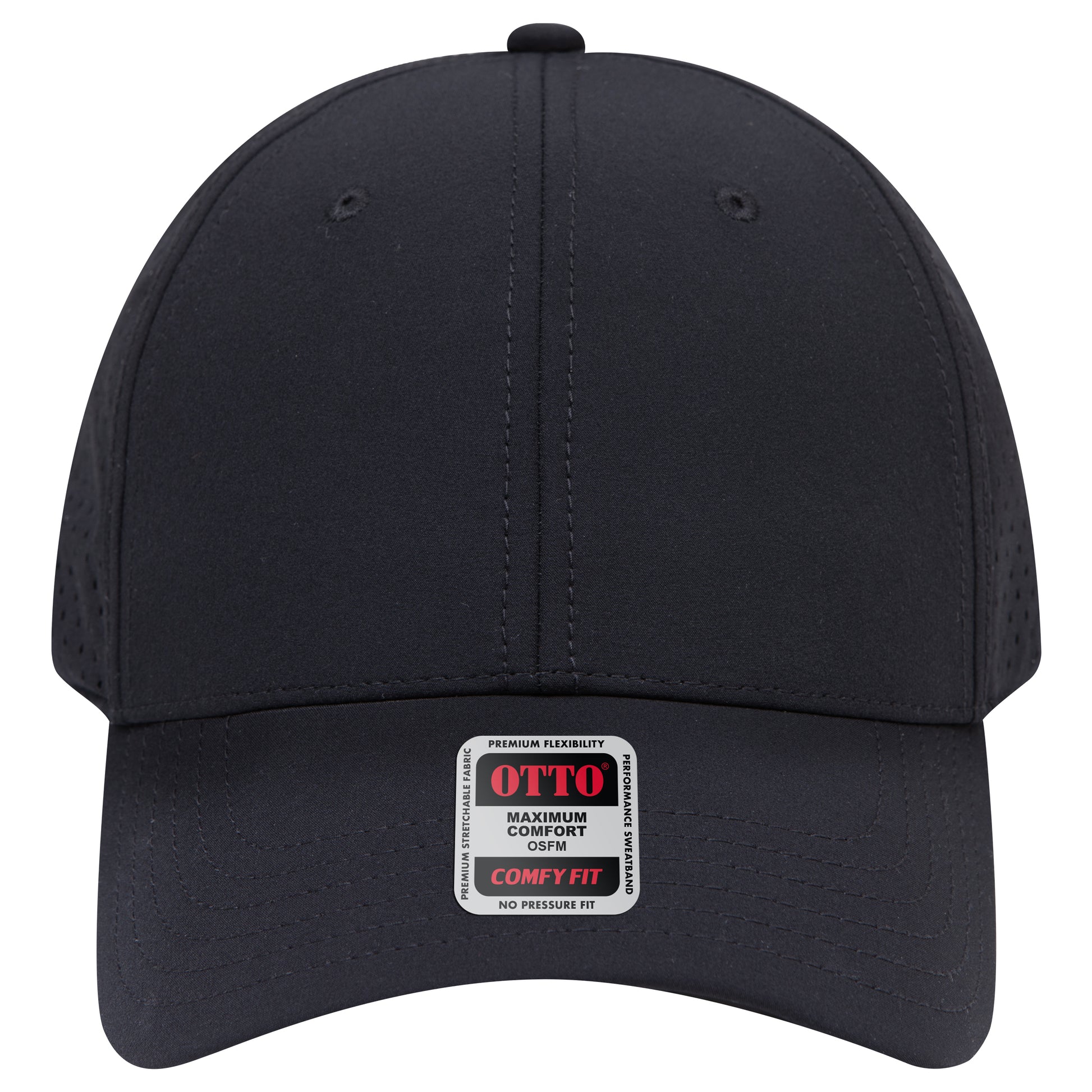 6-Panel Low Profile Baseball Cap w/ Perforated — Stretch Comfort Fit — Custom Leather Patch in Black