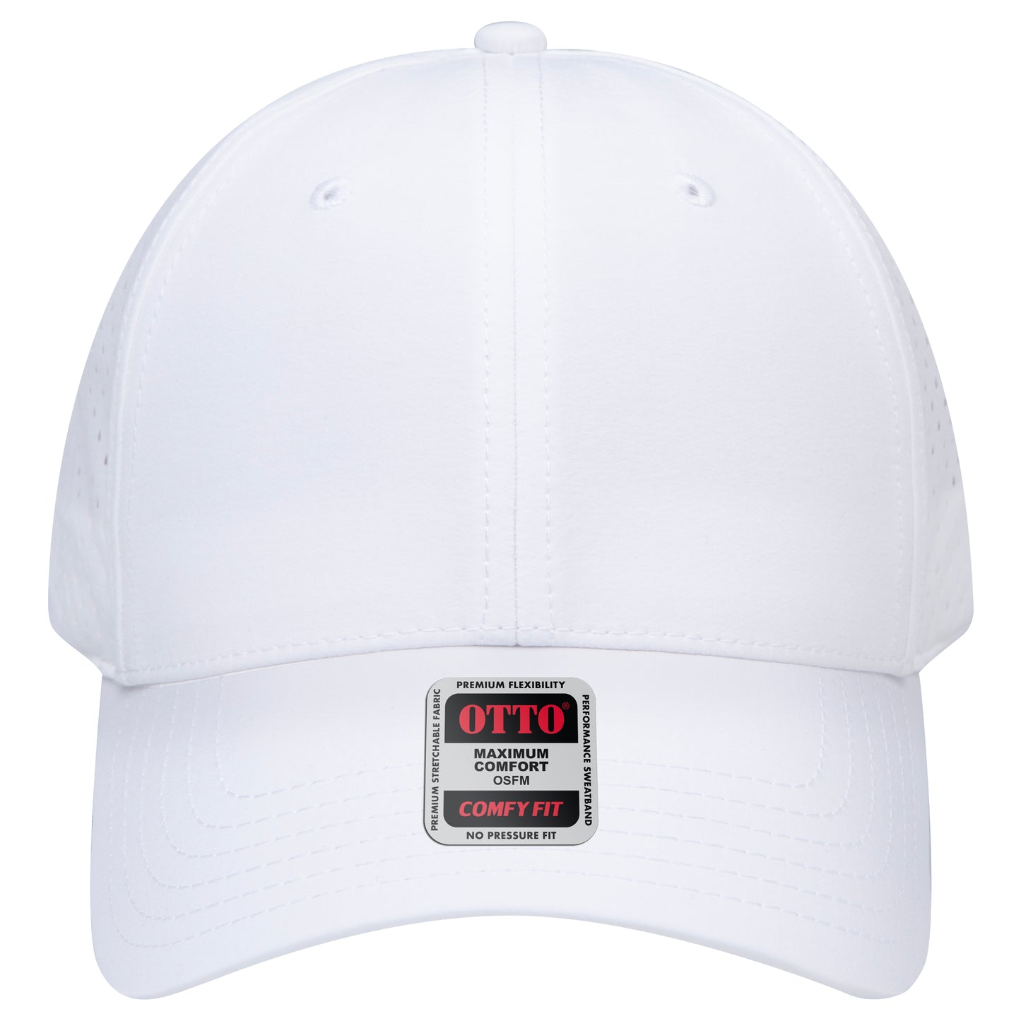 6-Panel Low Profile Baseball Cap w/ Perforated — Stretch Comfort Fit — Custom Leather Patch in White