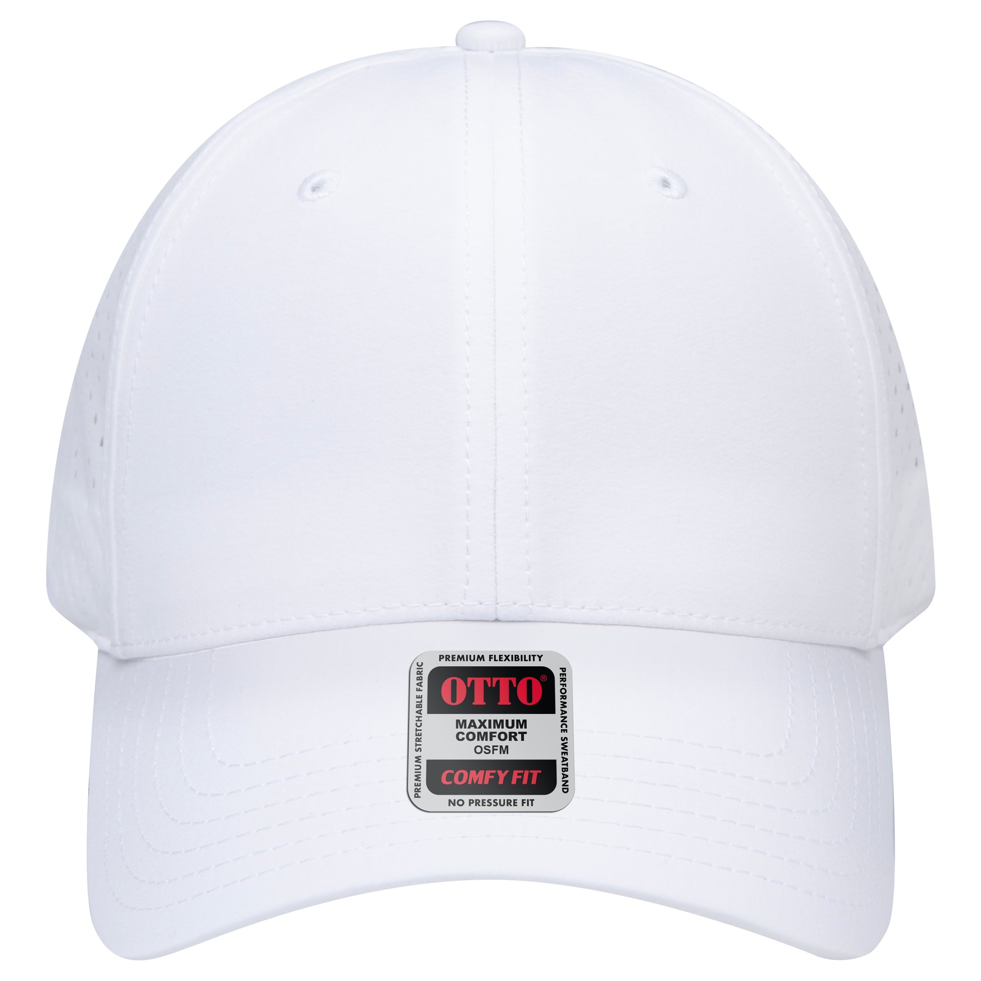 6-Panel Low Profile Baseball Cap w/ Perforated — Stretch Comfort Fit — Custom Leather Patch in White