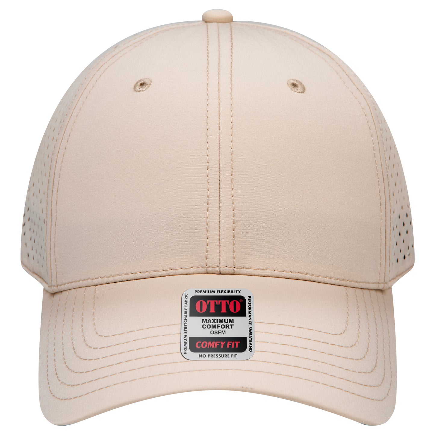 6-Panel Low Profile Baseball Cap w/ Perforated — Stretch Comfort Fit — Custom Leather Patch in Khaki ay