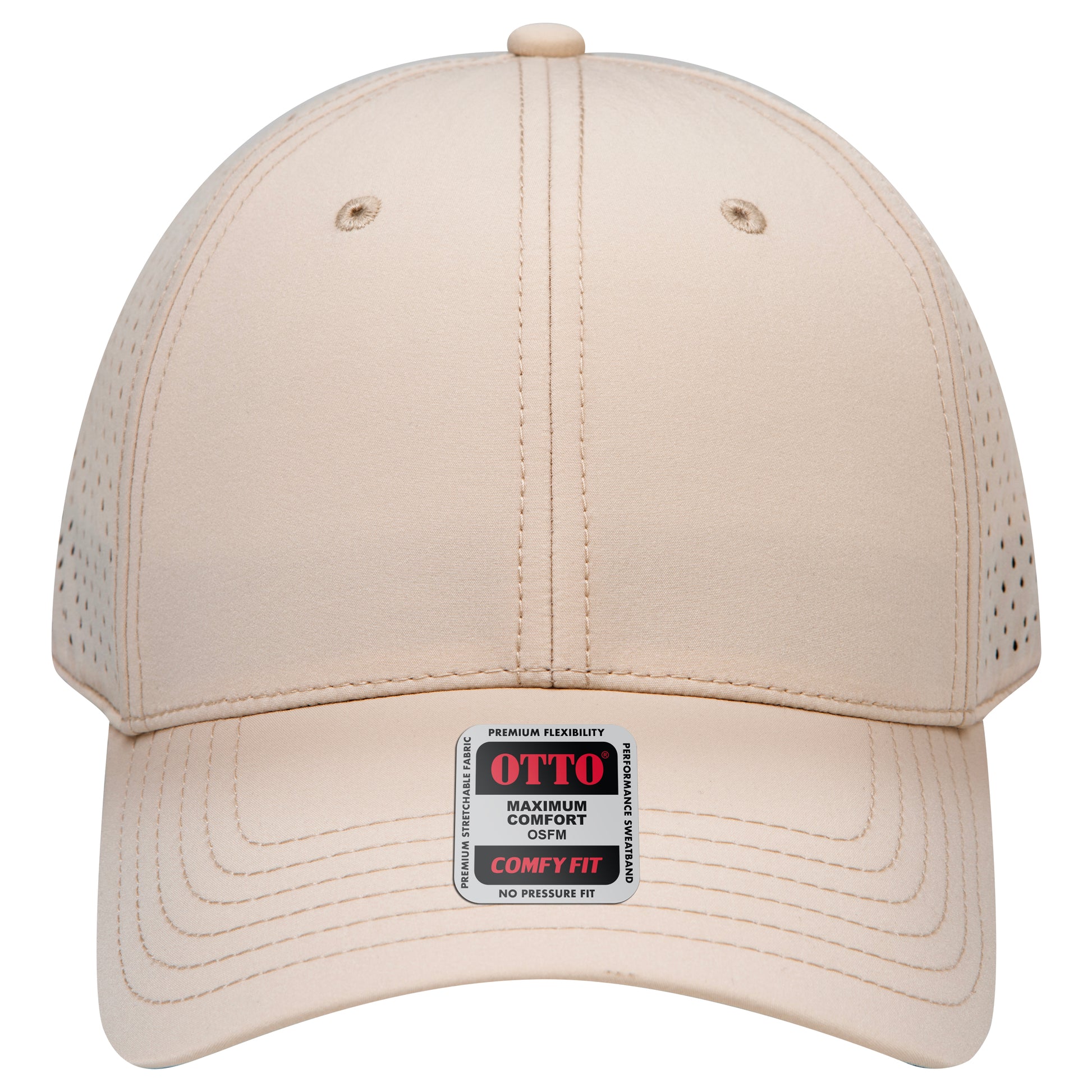 6-Panel Low Profile Baseball Cap w/ Perforated — Stretch Comfort Fit — Custom Leather Patch in Khaki ay
