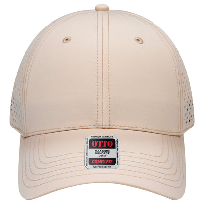 6-Panel Low Profile Baseball Cap w/ Perforated — Stretch Comfort Fit — Custom Leather Patch in Khaki ay