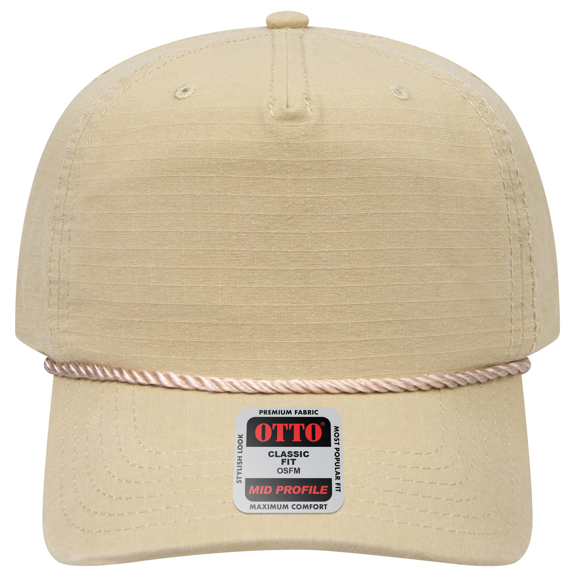5-Panel Mid Profile Baseball Cap — Custom Leather Patch in Khaki