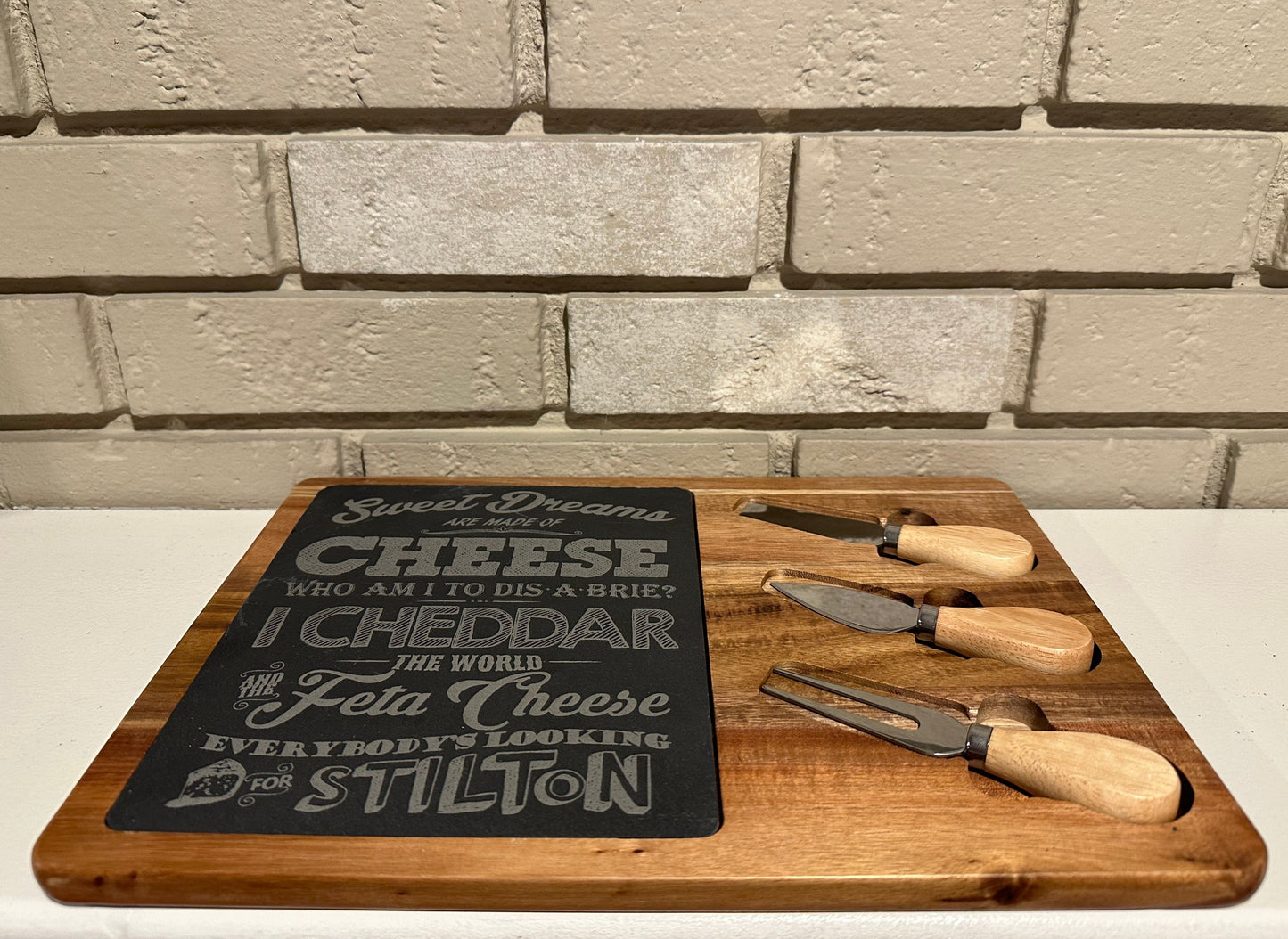 Sweet Dreams are Made of Cheese Slate and Bamboo Cheese Board with Three Cheese Knives