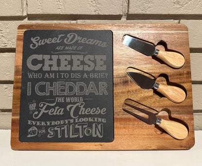 Sweet Dreams are Made of Cheese Slate and Bamboo Cheese Board with Three Cheese Knives