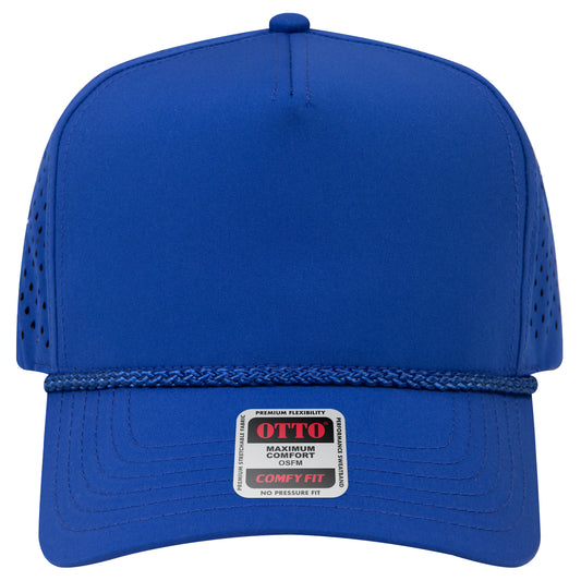 5-Panel Mid Profile Baseball Cap w/ Perforated — Stretch Comfort Fit — Custom Leather Patch in Royal
