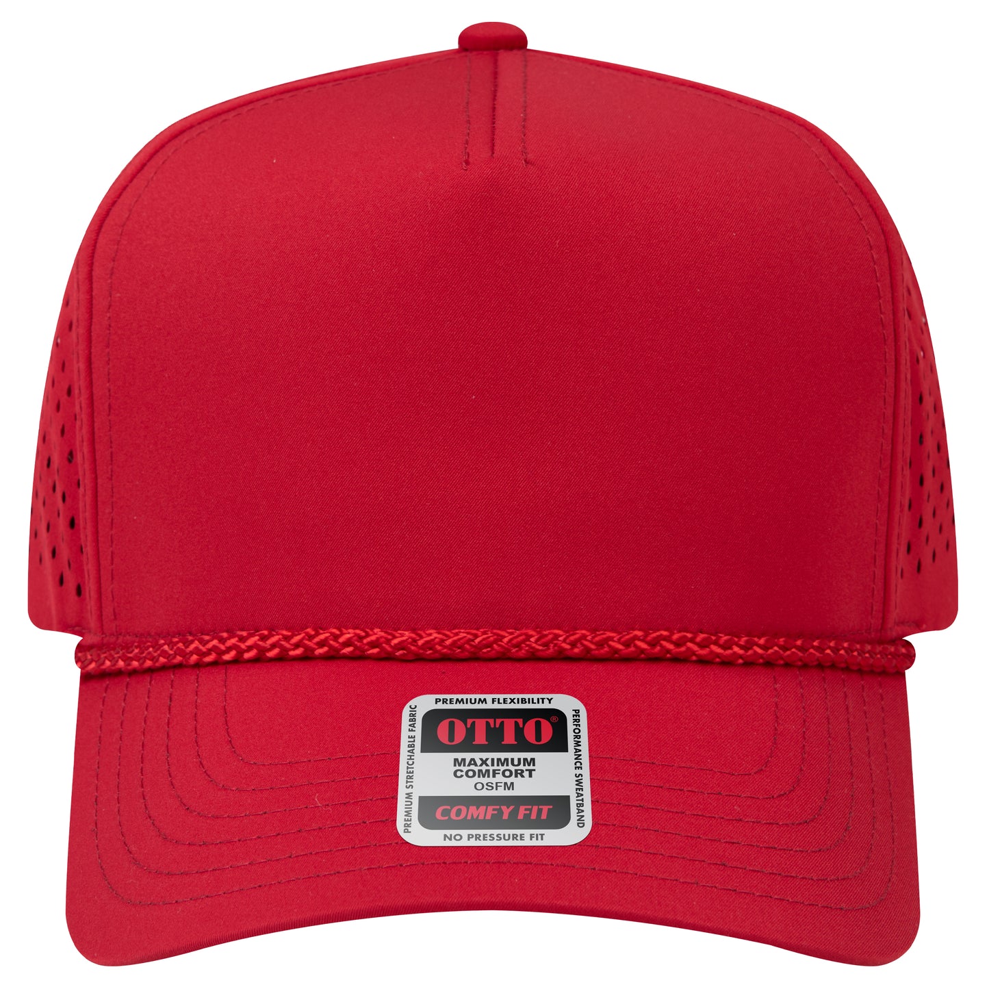5-Panel Mid Profile Baseball Cap w/ Perforated — Stretch Comfort Fit — Custom Leather Patch in Red