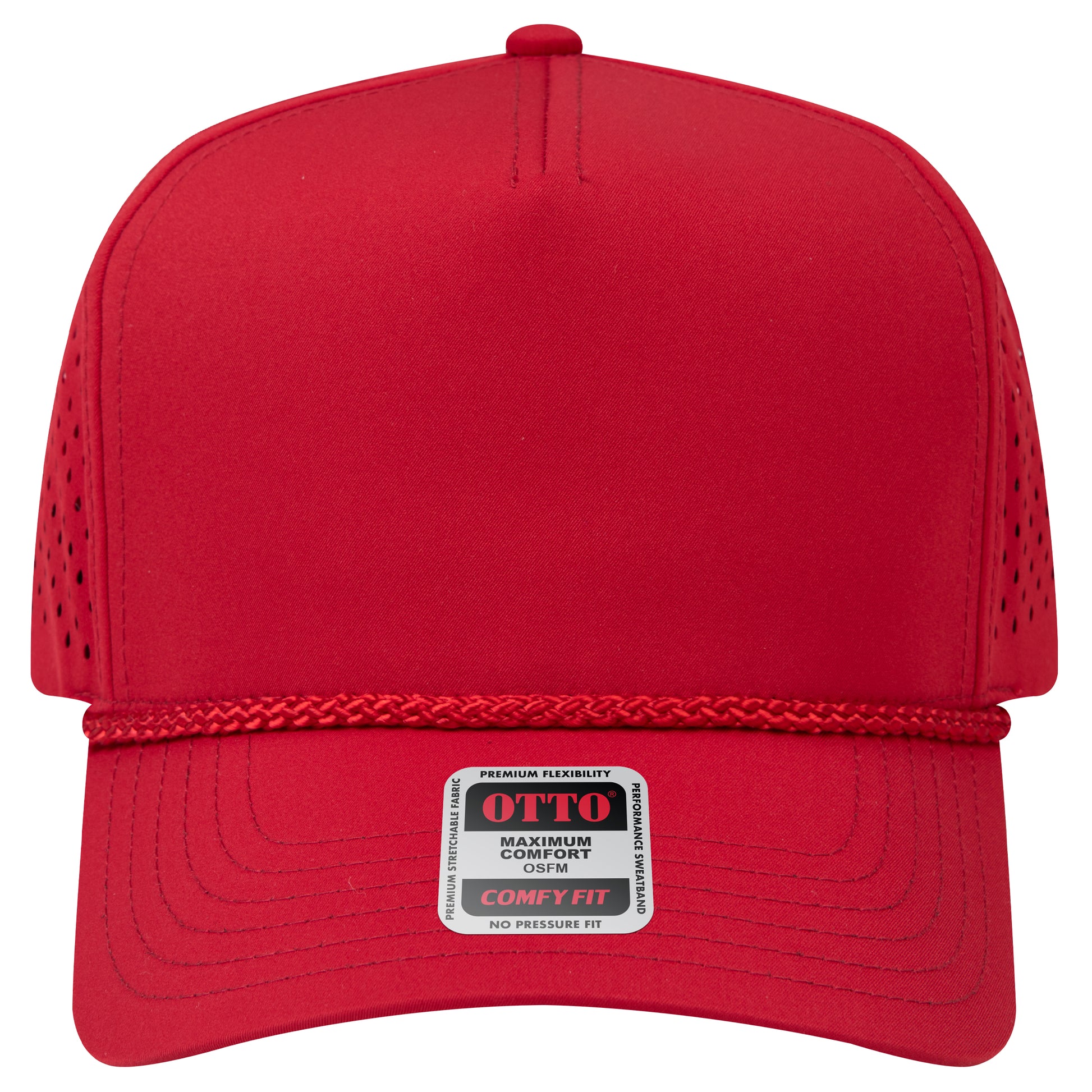 5-Panel Mid Profile Baseball Cap w/ Perforated — Stretch Comfort Fit — Custom Leather Patch in Red