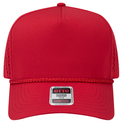 5-Panel Mid Profile Baseball Cap w/ Perforated — Stretch Comfort Fit — Custom Leather Patch in Red